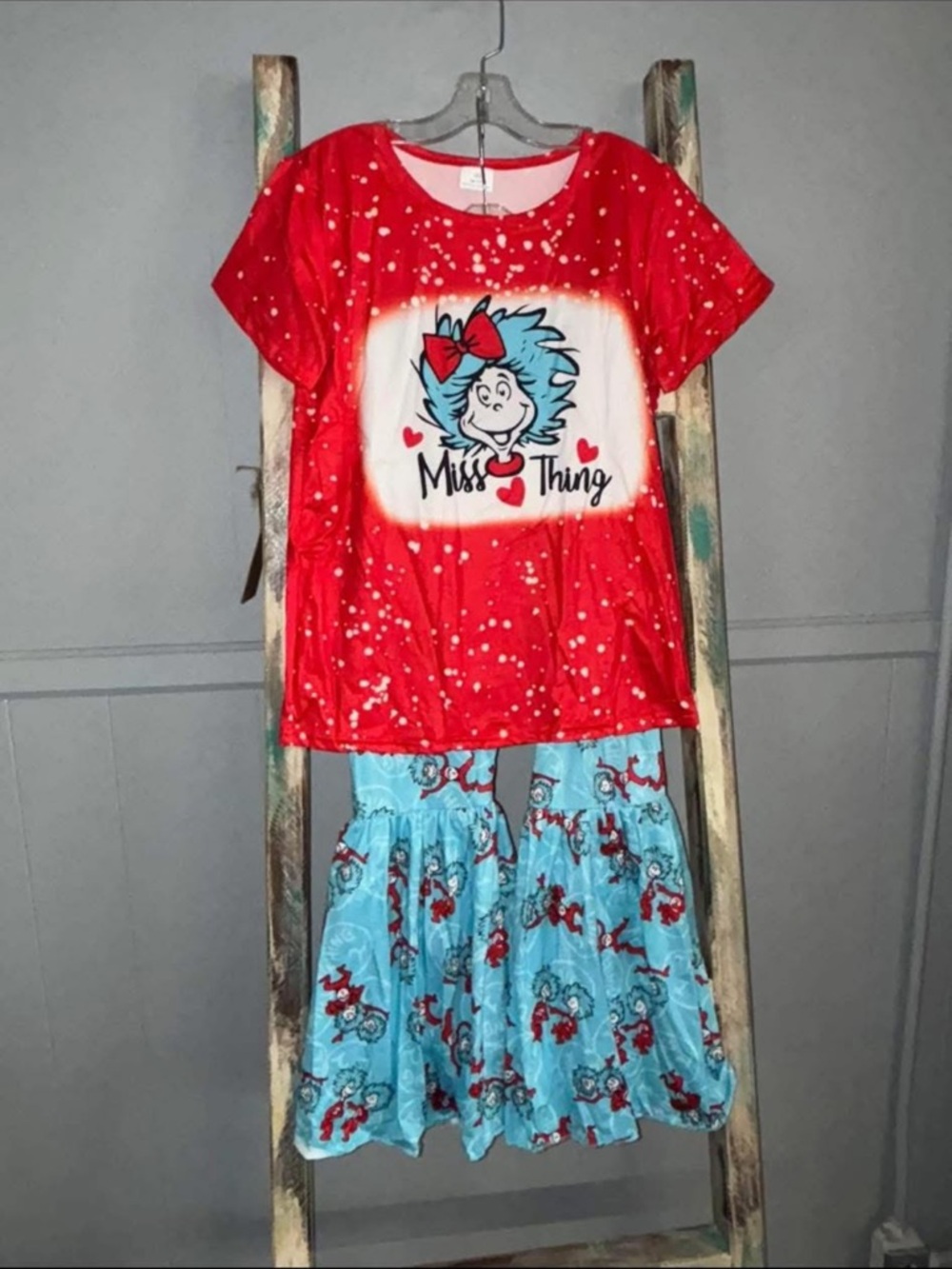 Graphic Red 'Miss Thing' Top with Blue Character Ruffle Pants